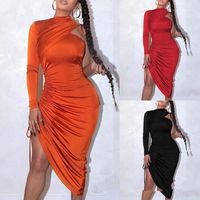 Wholesale Pleated Skinny Womens Dresses One Shoulder Solid Color Halter Long Sleeve Summer Womens slim Dresses Casual Bodycon Dresses