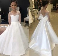 Wholesale Transparent Long Sleeve Sheer Neck Flower Girl Dress for Wedding Party Satin A Line Kids Holy Communion Birthday Party Prom Dresses
