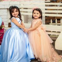 Wholesale Blue Simple Backless Flower Girl Dresses Satin Little Girls Ball Gown for Wedding First Communion Pageant Gowns