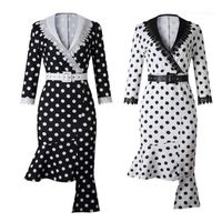 Wholesale Wavelet Dot Stitching Fishtail Plus Size Dress Womens Summer Designer Print Dress Long Sleeve Show Lace