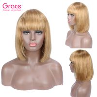 Wholesale Short Human Hair Wig Pixie Cut Peruvian Remy Straight Bob Wigs With Bangs For Black Women Honey Blonde Glueless Non Lace Front Wig