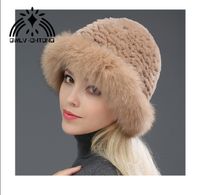 Wholesale Berets Genuine Real Natural Knitted Fur Hat With Cap Women Hand Made Knit Fashion Winter Headgear
