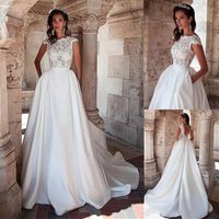 Wholesale Graceful Tulle Jewel Neckline Natural Waistline Applique Lace Wedding Dresses Matte Satin Bridal Dress with Pocket vestido de no
