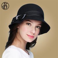 Wholesale Stingy Brim Hats FS Vintage Wool Felt Hat For Women Black Camel Purple Cloche Elegant Winter Warm Bow Wide Fedoras Caps