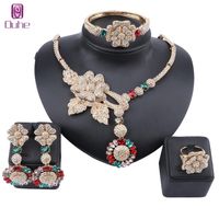 Wholesale African Jewelry Charm Crystal Necklace Earrings Dubai Gold Jewelry Sets for Women Wedding Bridal Bracelet Ring Jewellry Set