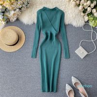 Wholesale Hot Sale Slim Knitted Halter Neck Dress Sexy Hollow Out Knit Sweater Midi Dress Bodycon Party Long Sleeve Winter Women Pencil Dress
