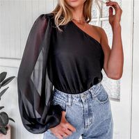 Wholesale Chiffon Tops Sexy Sheer Crop Top Fashion One Shoulder Long Sleeve Tees Natural Color Casual Tees Womens