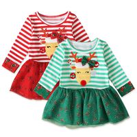 Wholesale Designers Christmas Halloween Children Long Sleeve Round Neck Dresses Stripe Elk Printed Baby Girls Dress Fashion Kids Party Clothing E92701