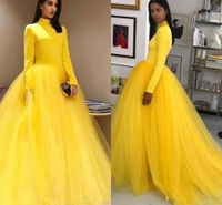 Wholesale Saudi Arabic Long Sleeve High Neck Yellow Prom Dresses Tulle Ball Gowns Sweet Dress Quinceanera Formal Elegant Evening Gowns