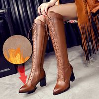 Wholesale Boots Plus Size Women Retro Knee High Lace Up Quality PU Riding Female Zip Square Heel Footwears Ladies