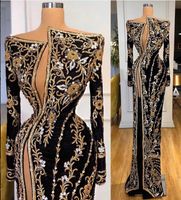 Wholesale Evening dress Yousef aljasmi Kim kardashian Gold Appliques Embroidery Mermaid Long sleeve Crystal Black Zuhair murad Ziadnakad