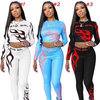 Wholesale Luxurys Women Bad Girls Fire Outfits Crop Pullover Hoodie Blouse Tops Pants Legging Sport Suit Fashion Yoga Tracksuits Clothing set D82808