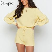 Wholesale Sampic Women Fashion White O Neck Long Sleeve Suit Knitted Sweater Tops And Bodycon Shorts Two Piece Set Outfits Lounge Wear T200814