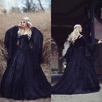 Wholesale Retro Black Gothic Wedding Dress Off Shoulder Bell Long Sleeves Vintage Full Lace Corset Bridal Ball Gown Masquerade Dresses