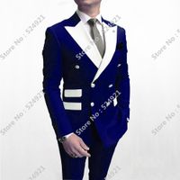 Wholesale Double Breasted Men Suits Royal Blue and White Groom Tuxedos Peak Lapel Groomsmen Wedding Prom Best Man Pieces Jacket Pants Tie L584