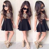 Wholesale INS Baby Girl Leopard Dress Kid Patchwork Black Skirt New Short Sleeve Summer Party Elegant Agaric