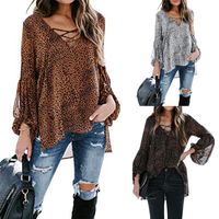 Wholesale Women s Blouses Shirts Womens Shirt Lantern Sleeve Tie Up Chiffon Blouse Leopard Sexy V Neck Split Tunic Tops With Colors Casual Style