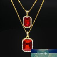 Wholesale New Mens Bling Faux Lab Ruby Pendant Necklace with Box Chain Gold Plated Iced Out Sapphire Rock Rap Hip Hop Jewelry For Gift