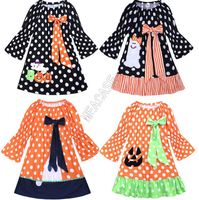Wholesale Girls Dresses INS Halloween Flare Long Sleeve Bowknot Baby Dress Patchwork Color Black Polka Dot Cartoon Pumpkin Dress Party Costume D82501