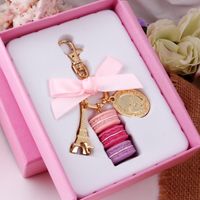 Wholesale Keychains Effiel Tower Macarons Ribbon Woman Luxury Cake Keychain On Bag Charm Handbag Charms Car Gift Box