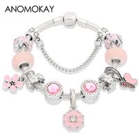 Wholesale Charm Bracelets Design Spring Autumn Pink Flower Crystal Bracelet Romantic Enamel Butterfly Plant Bead Bangle DIY Gift