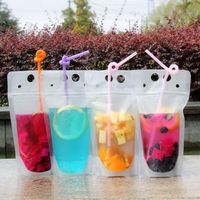 Wholesale Disposable Juice Coffee Liquid Bag Kitchen Vertical Zipper Seal Drink Bag Clear Drink Pouches With Straw Party Tableware Plastic cup