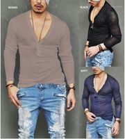 Wholesale Plus Size Mens Clothing Autumn Male Designer Casual Tshirts Sexy Deep V Neck Solid Color Long Sleeve Tops Casual