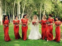 Wholesale Red Sequined Sparkly Country Bridesmaid Dresses Modest Backless Mermaid Cap Sleeve Junior Wedding Party Guest Gowns Cheap