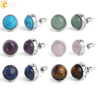 Wholesale CSJA Natural Stone Round Stud Earrings Pink Quartz Tiger Eye Purple Crystal Silver Color Simple Ear Jewelry for Women Girl Earring Gift G063