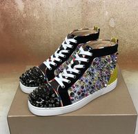 Wholesale 2019S Men s Studded Shoes Top Rhinstone Strass Spiked Red Bottom Sneaker Pik Rivets Glitter Leather With Graffiti Best Quality Factory Sale
