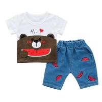 Wholesale Baby Boys Summer Clothes Children Sets For Boy Short Sleeve Printed Watermelon Bear Shirts Jeans Denim Shorts Suit kg