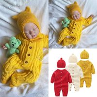 Wholesale Kids Clothes Infant Baby Romper One piece Long Sleeve Sweater Hat Button Sweater Two Pieces Set Autumn Winter Boys Girls Clothing D82407