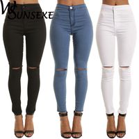 Wholesale Women s Jeans Summer Style White Hole Skinny Ripped Women Jeggings Cool Denim High Waist Pants Capris Female Black Casual
