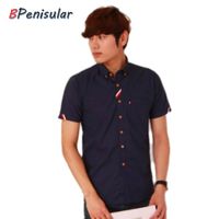 Wholesale 2020 Summer Cotton Oxford Shirt Men Casual Button Down Short Sleeve Shirts Stripe Patch Plain Navy Blue Shirt Male