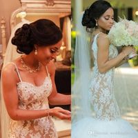 Wholesale Spring Fit and Flare Mermaid Wedding Dress Sweetheart Sleeveless Spaghetti Straps Lace Appliques Crystals Tulle Skirt Champagne Ivory