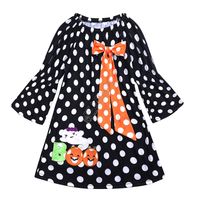 Wholesale Girls Dresses INS Halloween Flare Full Sleeve Bowknot Baby Dress Patchwork Color Black Polka Dot Cartoon Pumpkin Dress Party Costume D82501