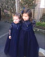 Wholesale Dark Navy Blue Flower Girl Dress for Wedding Party Lace Long Sleeve Backless Satin Big Bow Kids Holy Communion Birthday Party Prom Dresses