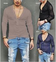 Wholesale Deep V Neck Solid Color Long Sleeve Tops Casual Plus Size Mens Clothing Autumn Male Designer Casual Tshirts Sexy