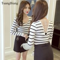 Wholesale Women s Sweaters Backless Lace Up V Neck Women Pullovers Sweater Casual Black White Striped Long Sleeve Slim Sexy Ladies