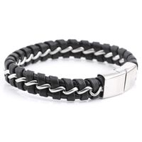 Wholesale new style braided stainless steel men genuine leather cuff bracelet stainless luxury