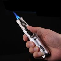 Wholesale HONEST Pen Torch Lighter Windproof Double Blue Flame Jet Butane lighters with Gas Display Window Fire Lock for BBQ Cigar Candle