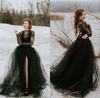 Wholesale Vintage Bobemian Black Lace Tulle Gothic Wedding Dresses With Long Sleeves Sexy Sheer Top Slit Skirt Women Non White Bridal Gown New Arrival