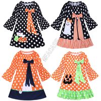 Wholesale Girls Dresses INS Halloween Flare Full Sleeve Bowknot Baby Dress Patchwork Color Black Polka Dot Cartoon Pumpkin Dress Party Costume D82501