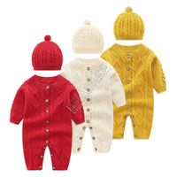 Wholesale Twist Knit Baby Rompers One piece Sweater and Hat Set Infants Button Bodysuits Playsuits Autumn Winter Children Clothing Jumpsuits D82407