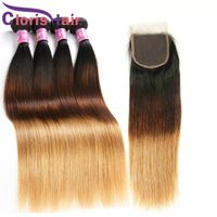 Wholesale Straight Blonde Ombre Human Hair Weft Bundles With Top Lace Closure Cheap B Three Tone Colored Raw Indian Virgin Weaves Closure