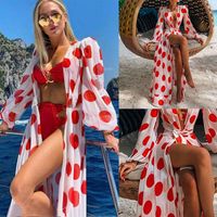 Wholesale Women Beach Dress Polka Dot Print Maxi Sexy V Neck Dresses Ladies Boho Long Sleeve Dress Summer Bikini Cover Up Casual Dresses