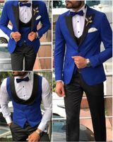 Wholesale Men Suits Royal Blue and Black Groom Tuxedos Shawl Satin Lapel Groomsmen Wedding Best Man Jacket Pants Bow Tie Vest C680