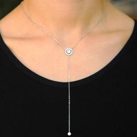 Wholesale Chains Simple Style Real Sterling Silver Big CZ Paved Y Shape Round Pendant Necklace Elegance Long Link Chain Women Classic Jewelry