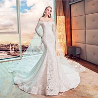 Wholesale Mermaid Wedding Dresses Word Shoulder Long Sleeved Was Thin Fishtail Long Tail Lace Halter Strap White Winter Garden Brides Dresses DH79