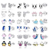 Wholesale Authentic Sterling Silver Earrings Insect Honey Bee Animal Dog Cat Stud Earrings for Women Girls Kids Fashion Jewelry Gift